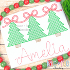 Girls Motif Fill Christmas Tree Trio with Connecting Bows Embroidery Design: Three green motif fill Christmas trees linked by red bows above the name Amelia in red script on a white shirt