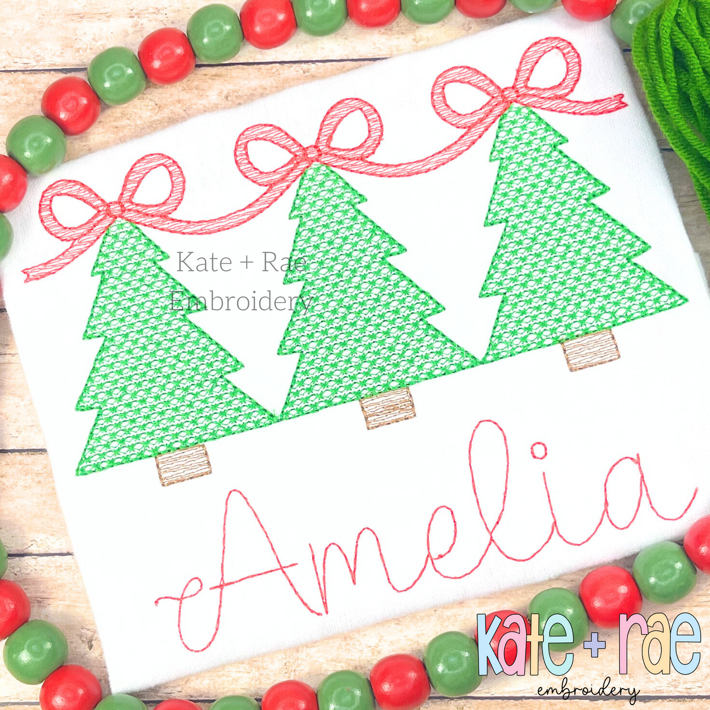 Girls Motif Fill Christmas Tree Trio with Connecting Bows Embroidery Design