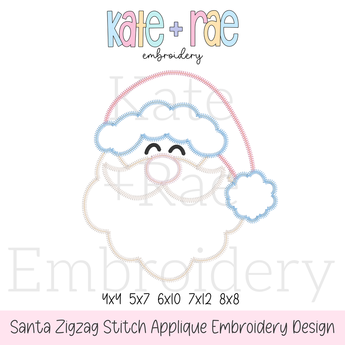 Santa Claus Zigzag Applique Embroidery Design: Design preview of a zigzag applique Santa face with a pink hat and blue trim, available in 4x4, 5x7, 6x10, 7x12, and 8x8