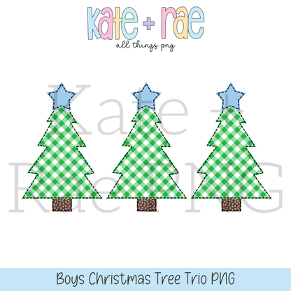 Boy's Christmas Tree Trio with Blue Stars Faux Applique PNG