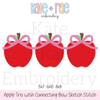Girl's Apple Trio with Connecting Bows Sketch Stitch Embroidery Design: Design preview of three red apples linked by a pink connecting bow, available in 5x7, 6x10, and 8x8