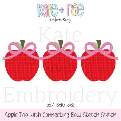 Girl's Apple Trio with Connecting Bows Sketch Stitch Embroidery Design