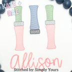 Duck Call Sketch Stitch Embroidery Design: Three sketch stitch duck calls in green, blue, and pink above the name Allison in pink script on white fabric