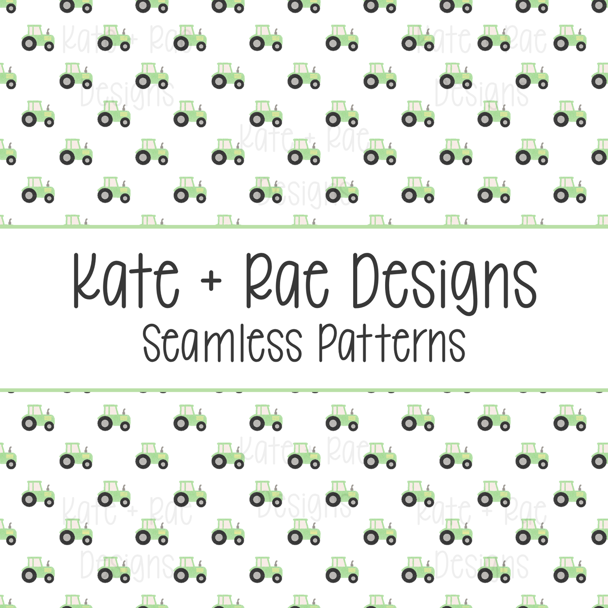 Green Tractor Watercolor Seamless Pattern with White Background: Smaller scale seamless pattern of green watercolor tractors on a white background