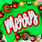 Merry Double Bean Stitch Applique Embroidery Design: The word merry in white script with red sequin double applique on a green shirt