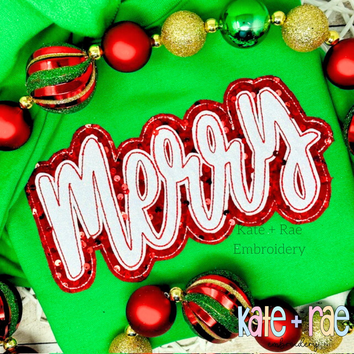 Merry Double Bean Stitch Applique Embroidery Design: The word merry in white script with red sequin double applique on a green shirt