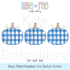 Boy's Plaid Filled Pumpkin Trio Sketch Embroidery Design: Design preview of three blue plaid sketch stitch pumpkins in a row, available in 5x7, 6x10, and 8x8