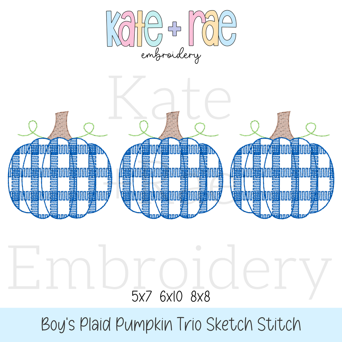 Boy's Plaid Filled Pumpkin Trio Sketch Embroidery Design: Design preview of three blue plaid sketch stitch pumpkins in a row, available in 5x7, 6x10, and 8x8