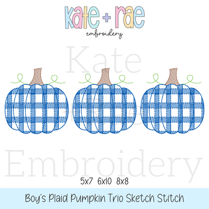 Boy's Plaid Filled Pumpkin Trio Sketch Embroidery Design