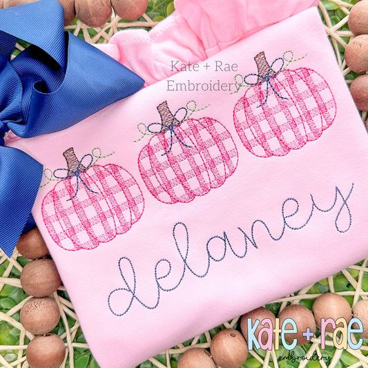 Girl's Plaid Filled Pumpkins with Bows Sketch Embroidery Design