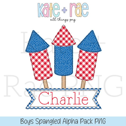 Boys Firework Trio Faux Applique with Name Plate PNG