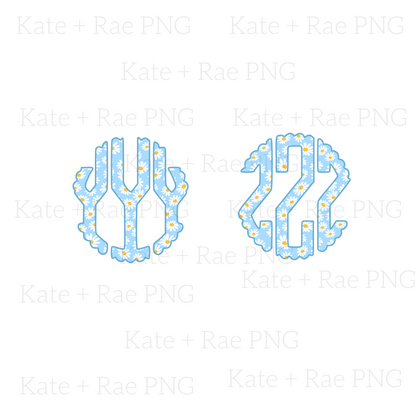 Blue Daisy Scalloped Circle Monogram