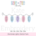 Christmas Lights Sketch Stitch Applique Embroidery Font: Font preview of pastel sketch stitch Christmas light bulbs spelling SADIE on a strand, available in 1 to 3 inch sizes