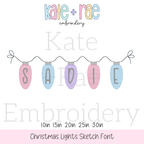 Christmas Lights Sketch Stitch Applique Embroidery Font: Font preview of pastel sketch stitch Christmas light bulbs spelling SADIE on a strand, available in 1 to 3 inch sizes