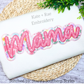 Mama Script Double Satin Stitch Applique Embroidery Design: The word Mama in pink script with a floral print double applique outline on a white sweatshirt