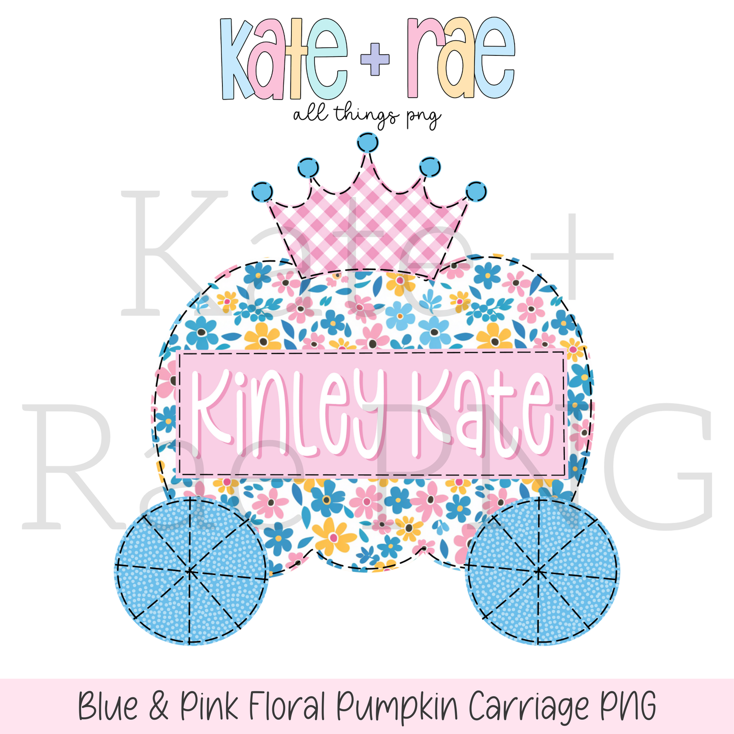 Blue and Pink Floral Pumpkin Carriage Faux Applique PNG