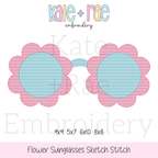 Flower Sunglasses Sketch Stitch Embroidery Design: Design preview of sketch stitch flower shaped sunglasses with pink frames and aqua lenses, available in 4x4, 5x7, 6x10, and 8x8
