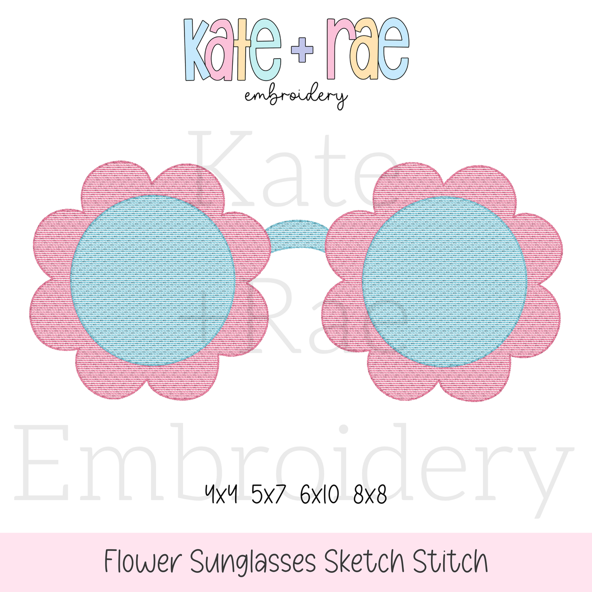 Flower Sunglasses Sketch Stitch Embroidery Design: Design preview of sketch stitch flower shaped sunglasses with pink frames and aqua lenses, available in 4x4, 5x7, 6x10, and 8x8