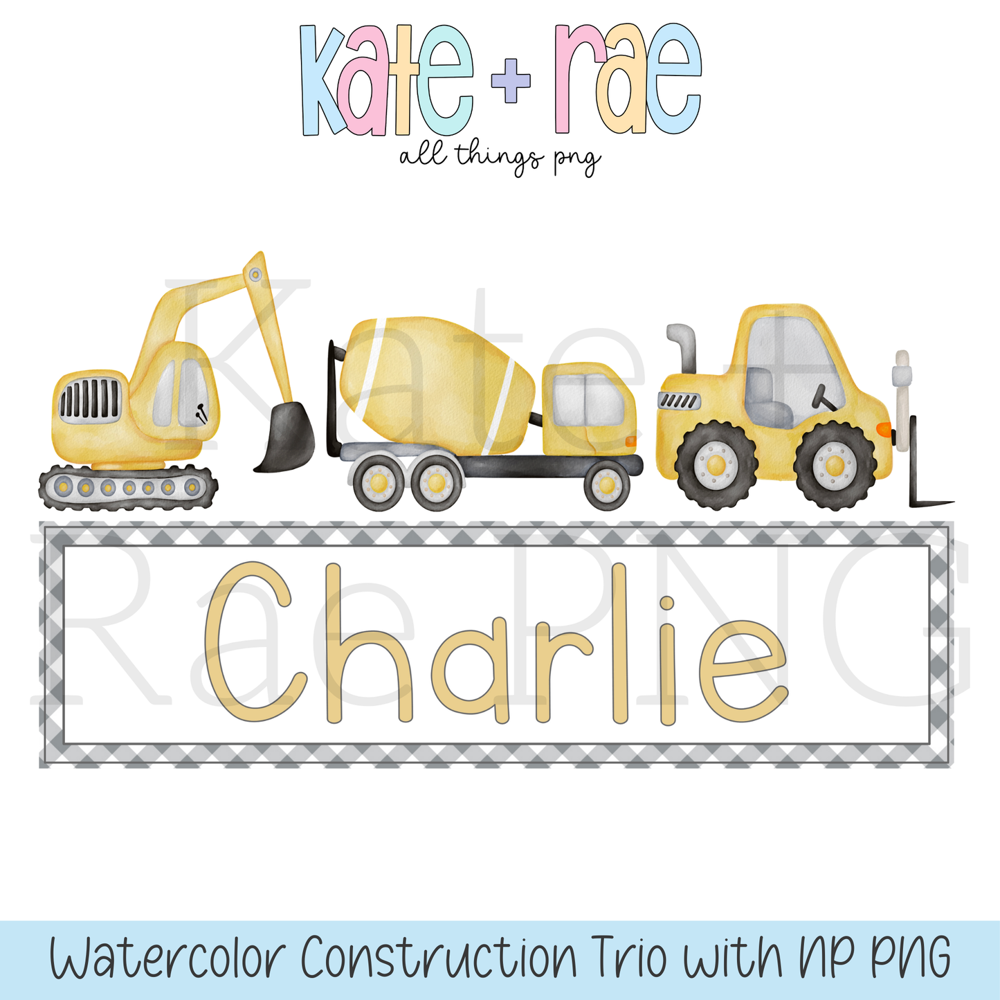 Boy's Watercolor Construction Equipment with Name Plate PNG