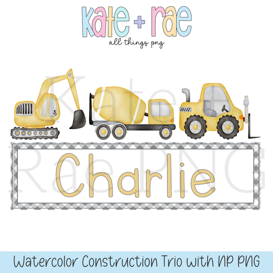 Boy's Watercolor Construction Equipment with Name Plate PNG