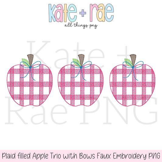 Girl's Plaid Filled Apple Trio Faux Embroidery PNG