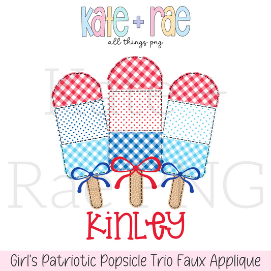 Girl's Patriotic Popsicle Trio Faux Applique PNG