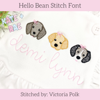 Hello Bean Stitch Embroidery Font: Three puppy faces with bows above the name demi lynn in pink script on a white shirt