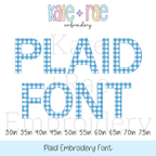 Plaid Embroidery Font: Font preview reading Plaid Font in blue gingham letters, available in 3 to 7.5 inch sizes