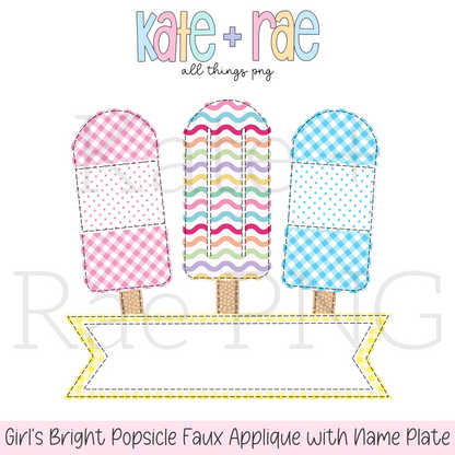 Girl's Bright Popsicle Faux Applique with Name Plate PNG