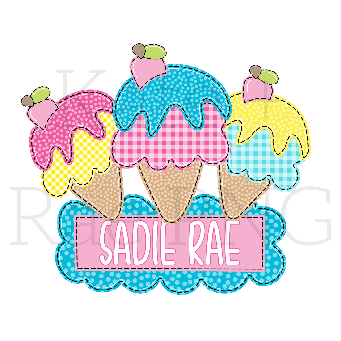 Bright Summer Ice Cream Trio Faux Applique with Name Plate PNG