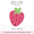 Single Strawberry Sketch Stitch Embroidery Design: Design preview of a pink sketch stitch strawberry with green leaves, available in 4x4, 5x7, 6x10, and 8x8