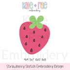 Single Strawberry Sketch Stitch Embroidery Design: Design preview of a pink sketch stitch strawberry with green leaves, available in 4x4, 5x7, 6x10, and 8x8