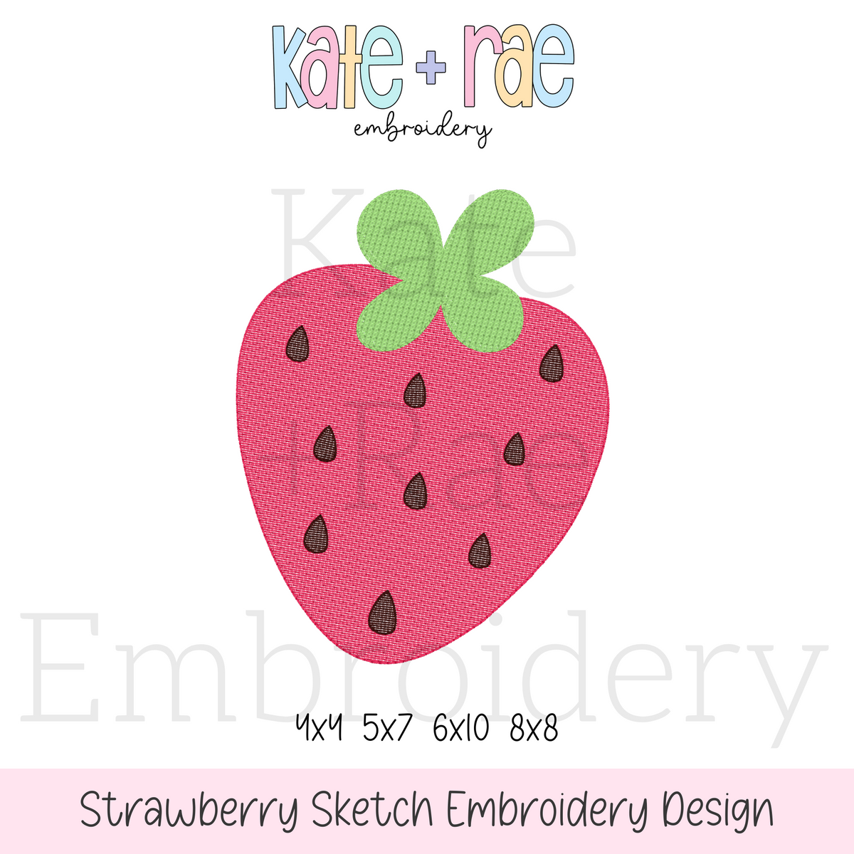 Single Strawberry Sketch Stitch Embroidery Design: Design preview of a pink sketch stitch strawberry with green leaves, available in 4x4, 5x7, 6x10, and 8x8