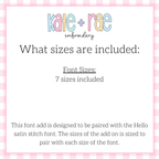 Shamrock Font Add On Embroidery Design: Size information noting seven sizes designed to pair with each size of the Hello satin stitch font