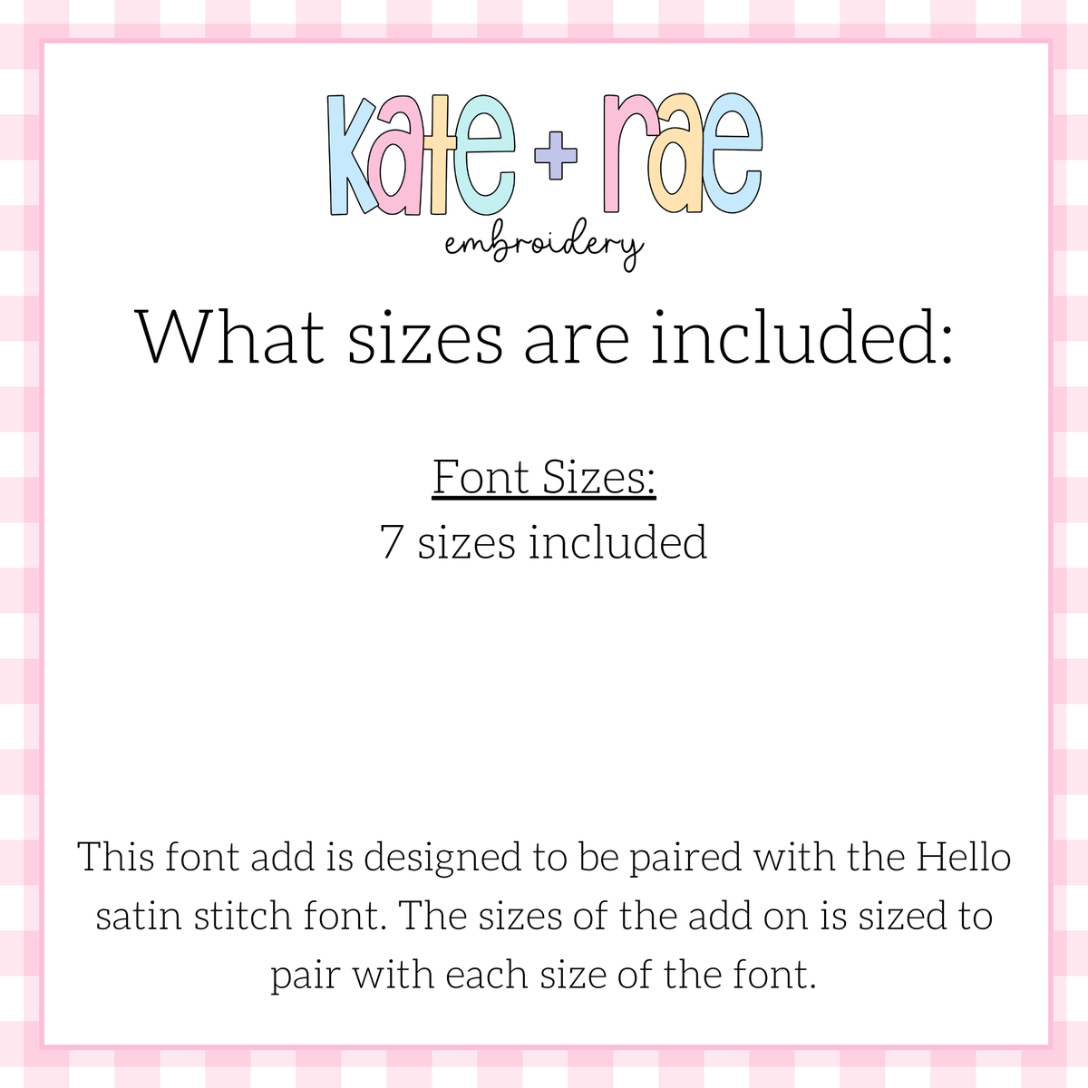 Shamrock Font Add On Embroidery Design: Size information noting seven sizes designed to pair with each size of the Hello satin stitch font