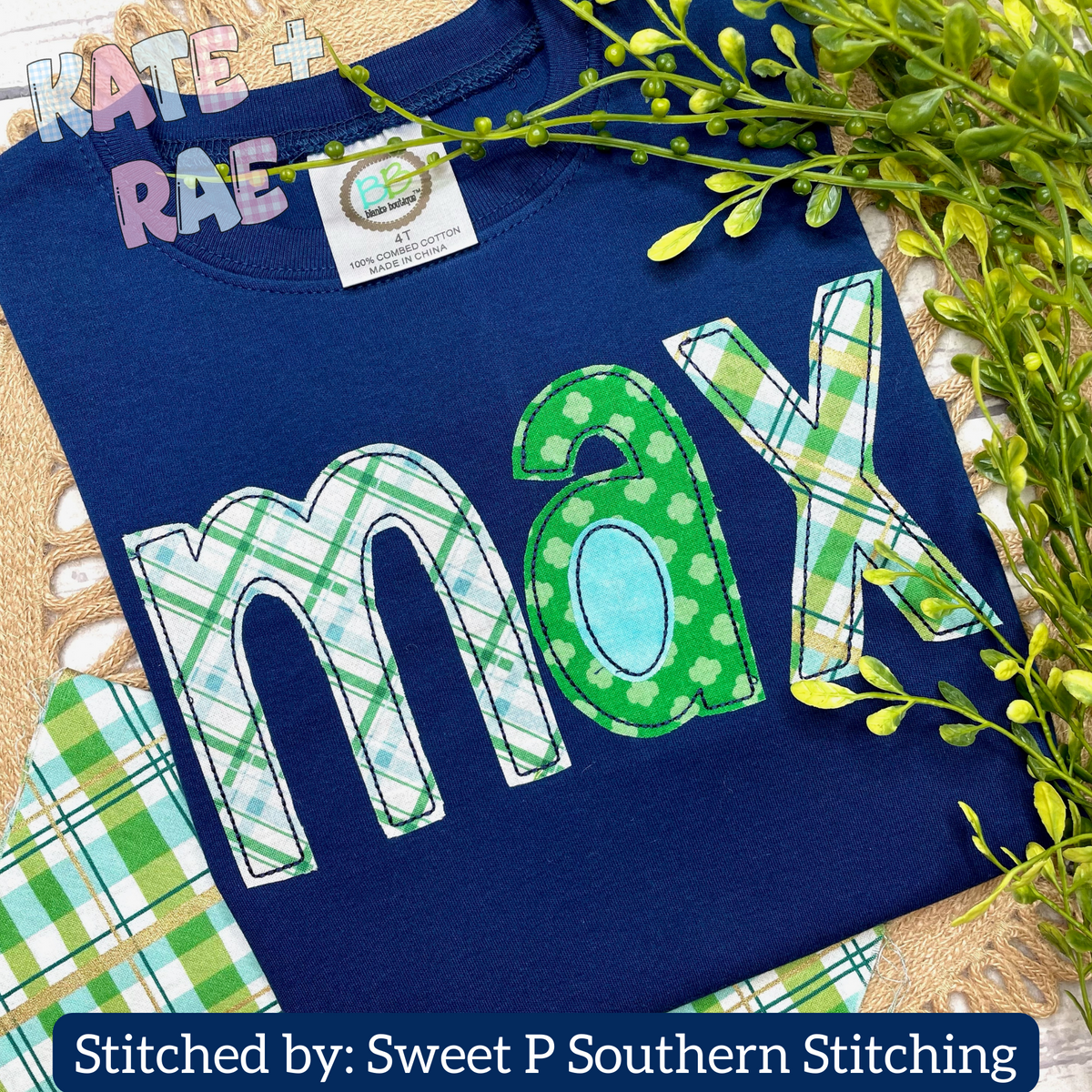Cupcake Bean Stitch Applique Embroidery Font with Cutouts: The name max in green plaid and gingham applique letters on a navy shirt