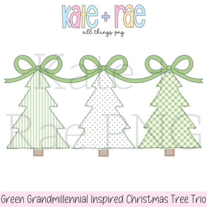 Green Grandmillennial Inspired Christmas Tree Trio PNG
