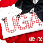 Plaid Embroidery Font with Bows: The letters UGA in red gingham sketch stitch letters with black bows on a white shirt