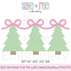 Girls Motif Fill Christmas Tree Trio with Connecting Bows Embroidery Design: Design preview of three green motif fill Christmas trees linked by pink bows, available in 4x4, 5x7, 6x10, 7x12, and 8x8