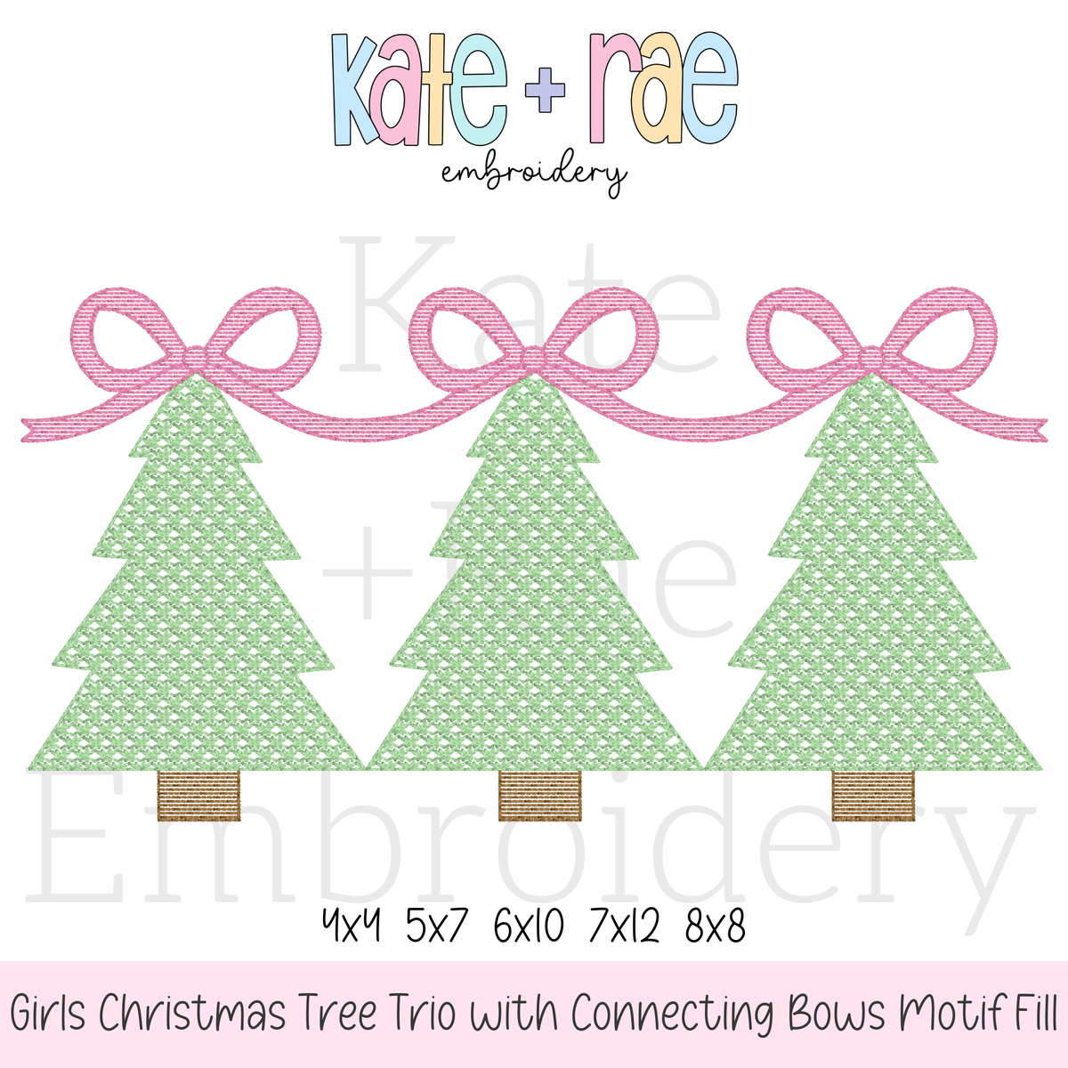 Girls Motif Fill Christmas Tree Trio with Connecting Bows Embroidery Design: Design preview of three green motif fill Christmas trees linked by pink bows, available in 4x4, 5x7, 6x10, 7x12, and 8x8