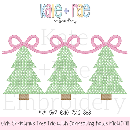 Girls Motif Fill Christmas Tree Trio with Connecting Bows Embroidery Design