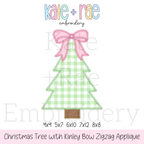 Girls Christmas Tree with Kinley Bow Zigzag Applique Embroidery Design: Design preview of a green gingham Christmas tree zigzag applique with a pink bow, available in 4x4, 5x7, 6x10, 7x12, and 8x8