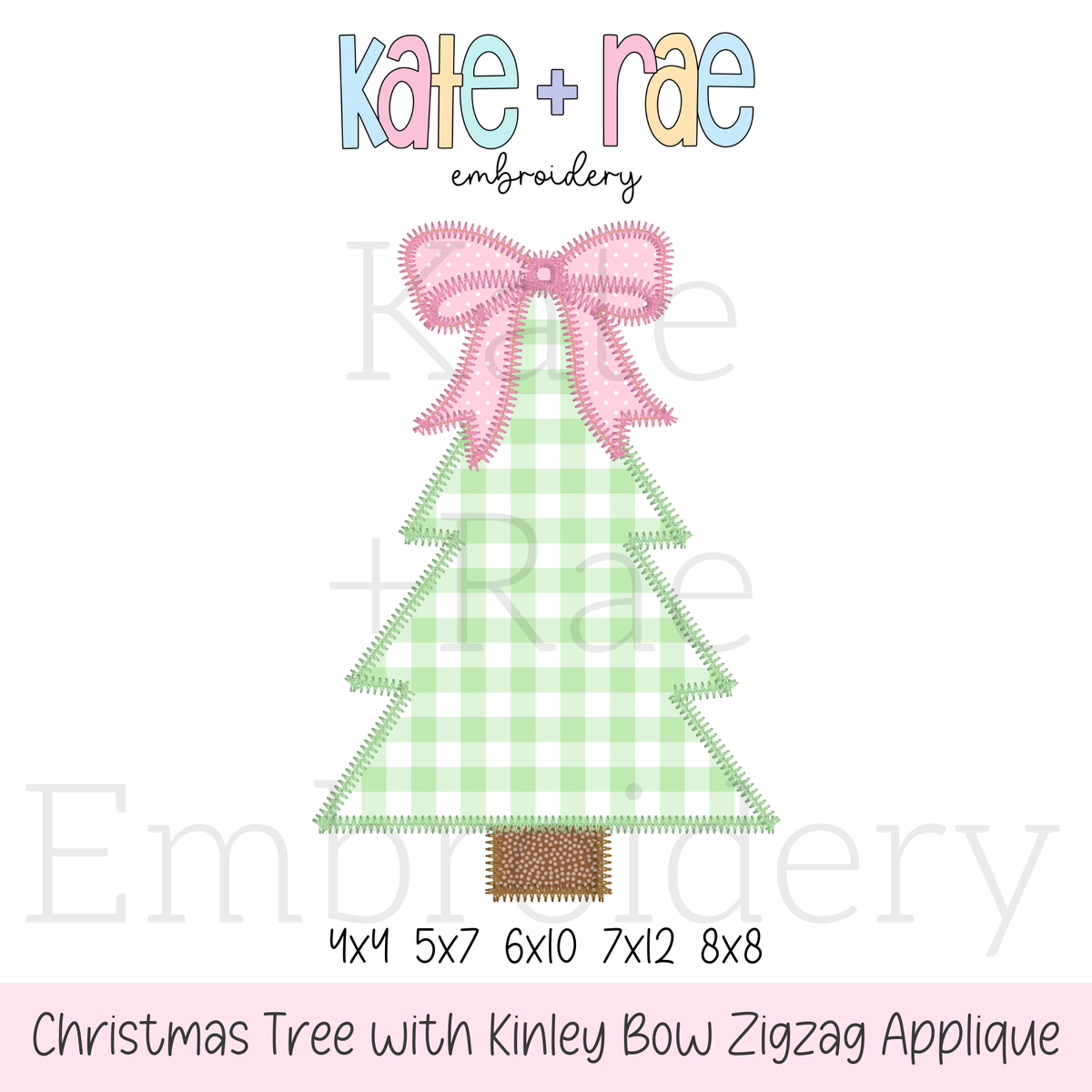 Girls Christmas Tree with Kinley Bow Zigzag Applique Embroidery Design: Design preview of a green gingham Christmas tree zigzag applique with a pink bow, available in 4x4, 5x7, 6x10, 7x12, and 8x8