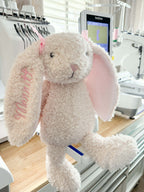 Embroidered Easter Bunnies: Cream plush bunny with a name embroidered in pink script on its ear