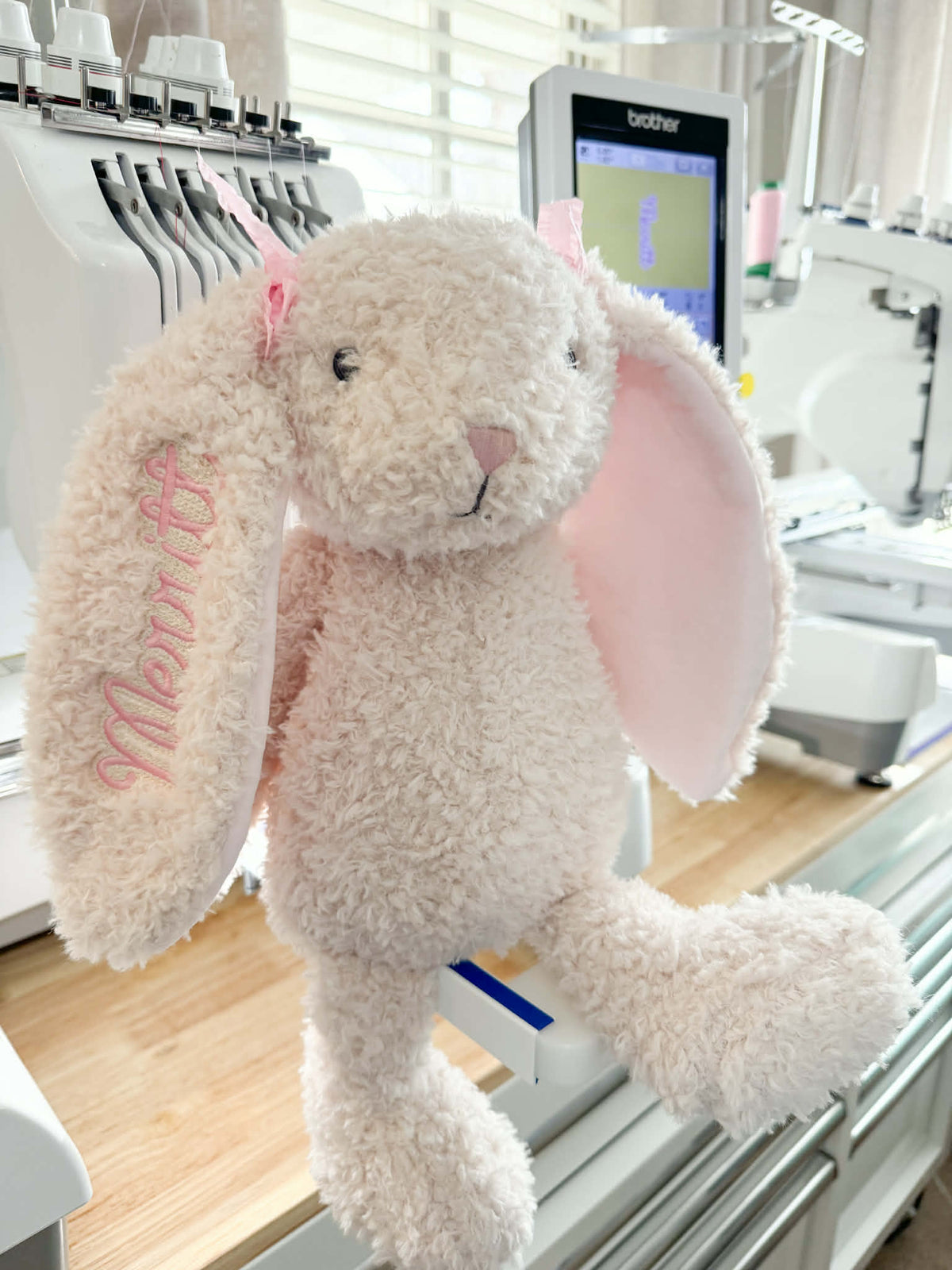 Embroidered Easter Bunnies: Cream plush bunny with a name embroidered in pink script on its ear
