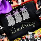 Girl's Ghost Trio with Bows Sketch Stitch Embroidery Design: Three gray ghosts linked by purple bows above the name Lindsay in green script on a black shirt