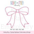 Kinley Bow Zigzag Stitch Applique Embroidery Design: Design preview of a pink zigzag stitch bow outline, available in 4x4, 5x7, 6x10, 7x12, and 8x8