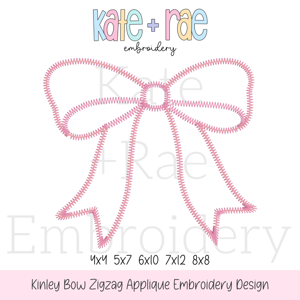 Kinley Bow Zigzag Stitch Applique Embroidery Design: Design preview of a pink zigzag stitch bow outline, available in 4x4, 5x7, 6x10, 7x12, and 8x8