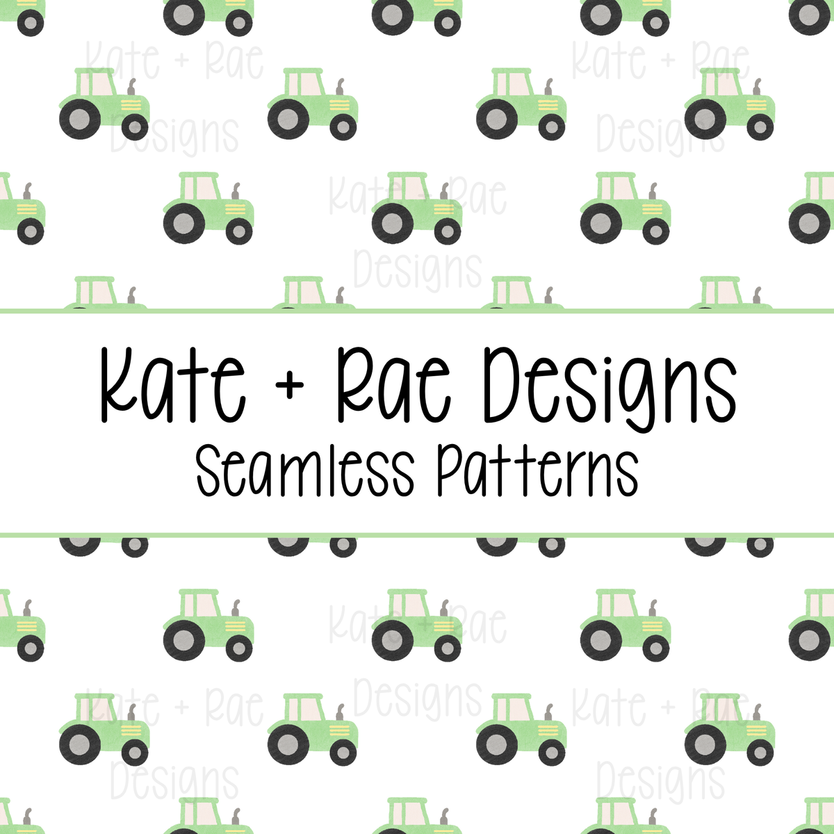 Green Tractor Watercolor Seamless Pattern with White Background: Seamless pattern of green watercolor tractors on a white background