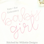 Hello Secret Stitch Embroidery Font: The words baby girl in pink secret stitch script on white fabric
